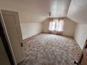 Bonus room featuring lofted ceiling and carpet floors