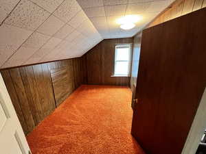 Bonus room with vaulted ceiling, carpet flooring, and wood walls