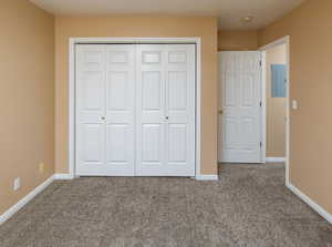 Unfurnished bedroom featuring carpet flooring, electric panel, and a closet