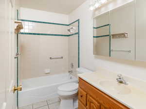 Full bathroom featuring tile patterned flooring, vanity, tiled shower / bath, and toilet