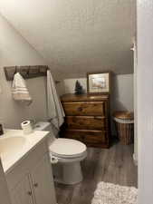 Bathroom with toilet, laminate flooring, and vanity.