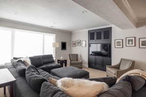 Living room featuring crown molding, carpet, and a textured ceiling