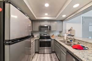 Kitchen with gray cabinets, sink, a tray ceiling, stainless steel appliances, and light wood-type flooring