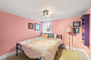 Carpeted bedroom featuring a textured ceiling