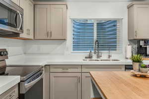 Kitchen with sink, gray cabinets, stainless steel appliances, and wooden counters