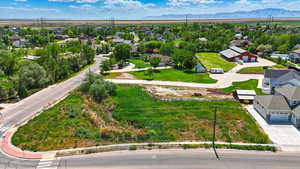 Aerial view of residential area with a mountain backdrop