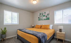 Bedroom featuring dark colored carpet