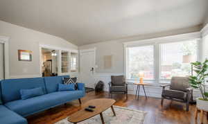 Living room with wood-type flooring and lofted ceiling