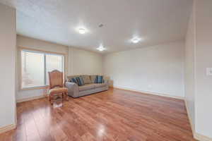 Living area with hardwood / wood-style flooring and a textured ceiling