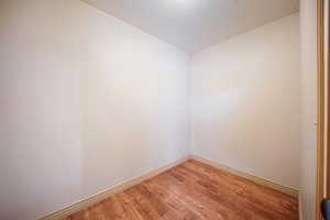 Downstairs pantry featuring hardwood / wood-style flooring and a textured ceiling