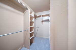 Walk in closet featuring light colored carpet