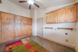 Laundry room with hookup for an electric dryer ,ceiling fan, along with tons of pantry cupboards for food storage!