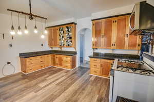 Kitchen featuring hanging light fixtures, white range with gas cooktop, and dark hardwood / wood-style floors