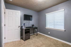 Office featuring light colored carpet and a textured ceiling