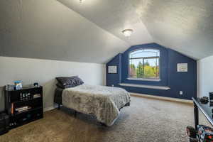 Bedroom featuring lofted ceiling, carpet, and a textured ceiling