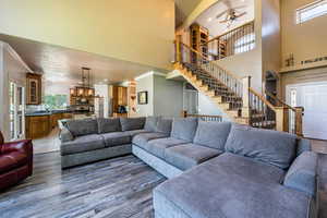 Living room featuring crown molding, hardwood / wood-style floors, a textured ceiling, and a high ceiling