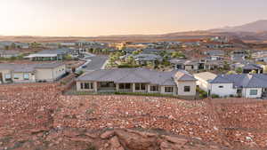 Aerial view at dusk with a mountain view