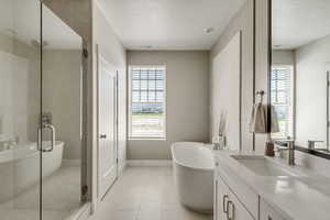 Primary Bathroom featuring tile patterned flooring, vanity, a healthy amount of sunlight, and shower with separate bathtub