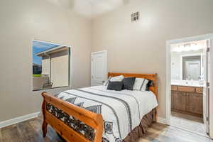 Bedroom featuring ensuite bath, sink, hardwood / wood-style floors, and a high ceiling