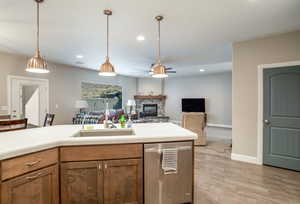 Kitchen with sink, a fireplace, light hardwood / wood-style floors, decorative light fixtures, and stainless steel dishwasher