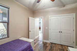 Bedroom with dark wood-type flooring, ceiling fan, and a closet