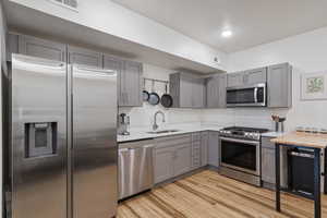 Kitchen featuring sink, gray cabinets, stainless steel appliances, light hardwood / wood-style floors, and decorative backsplash