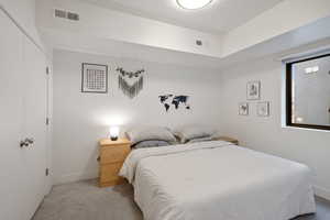 Bedroom featuring light colored carpet, a textured ceiling, and a closet