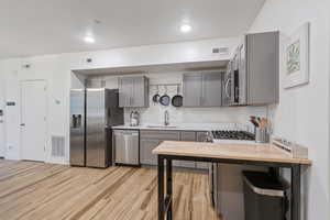 Kitchen featuring gray cabinets, butcher block counters, appliances with stainless steel finishes, and sink