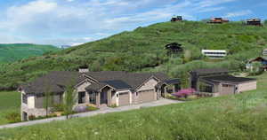 Exterior space with a mountain view and a garage