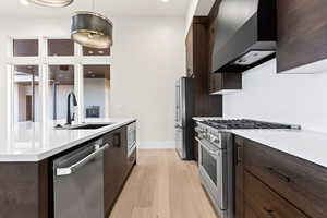 Kitchen featuring sink, high quality appliances, light hardwood / wood-style floors, decorative light fixtures, and wall chimney exhaust hood