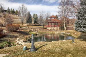 View of yard with a gazebo and a water view
