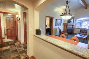 Interior space with beam ceiling