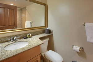Bathroom featuring vanity, a shower, and toilet