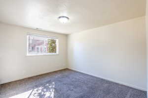 Carpeted empty room featuring a textured ceiling, visible vents, and baseboards