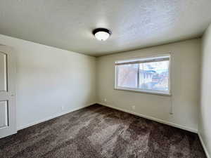 Carpeted spare room with a textured ceiling