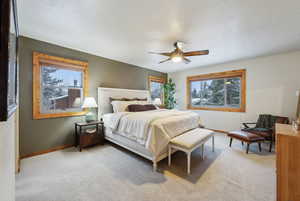 Carpeted bedroom with multiple windows and ceiling fan