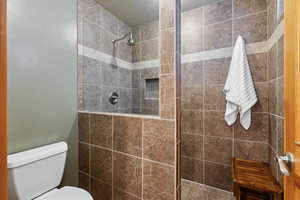 Bathroom featuring tiled shower and toilet