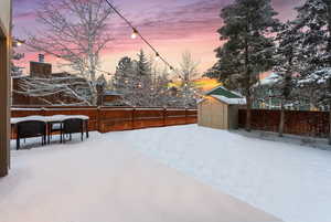 Yard covered in snow featuring a shed