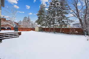 Yard covered in snow with a storage shed