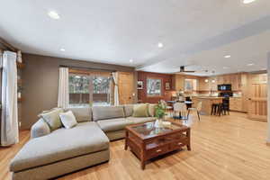 Living room with ceiling fan and light hardwood / wood-style flooring