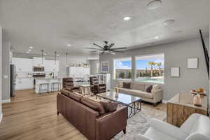 Living room featuring sink, a textured ceiling, and light hardwood / wood-style floors