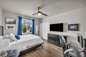 Bedroom featuring ceiling fan and light hardwood / wood-style floors