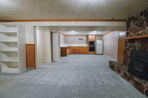 Living room featuring light colored carpet, a textured ceiling, and a wood stove