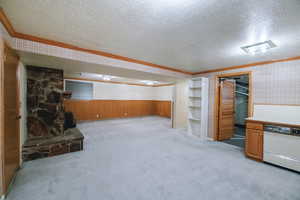 Basement with ornamental molding, light colored carpet, and a textured ceiling