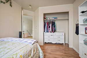 Bedroom with hardwood / wood-style flooring and a closet