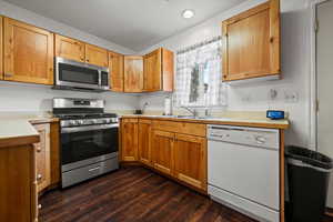 Kitchen with appliances with stainless steel finishes, sink, and dark hardwood / wood-style flooring