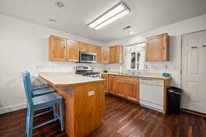 Kitchen featuring dark hardwood / wood-style floors, sink, a kitchen bar, kitchen peninsula, and stainless steel appliances