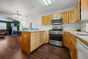 Kitchen with sink, dark wood-type flooring, appliances with stainless steel finishes, hanging light fixtures, and kitchen peninsula