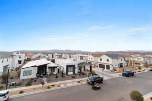 Exterior space featuring a mountain view and a garage