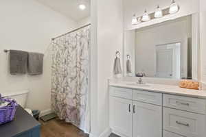 Bathroom with vanity, wood-type flooring, and curtained shower